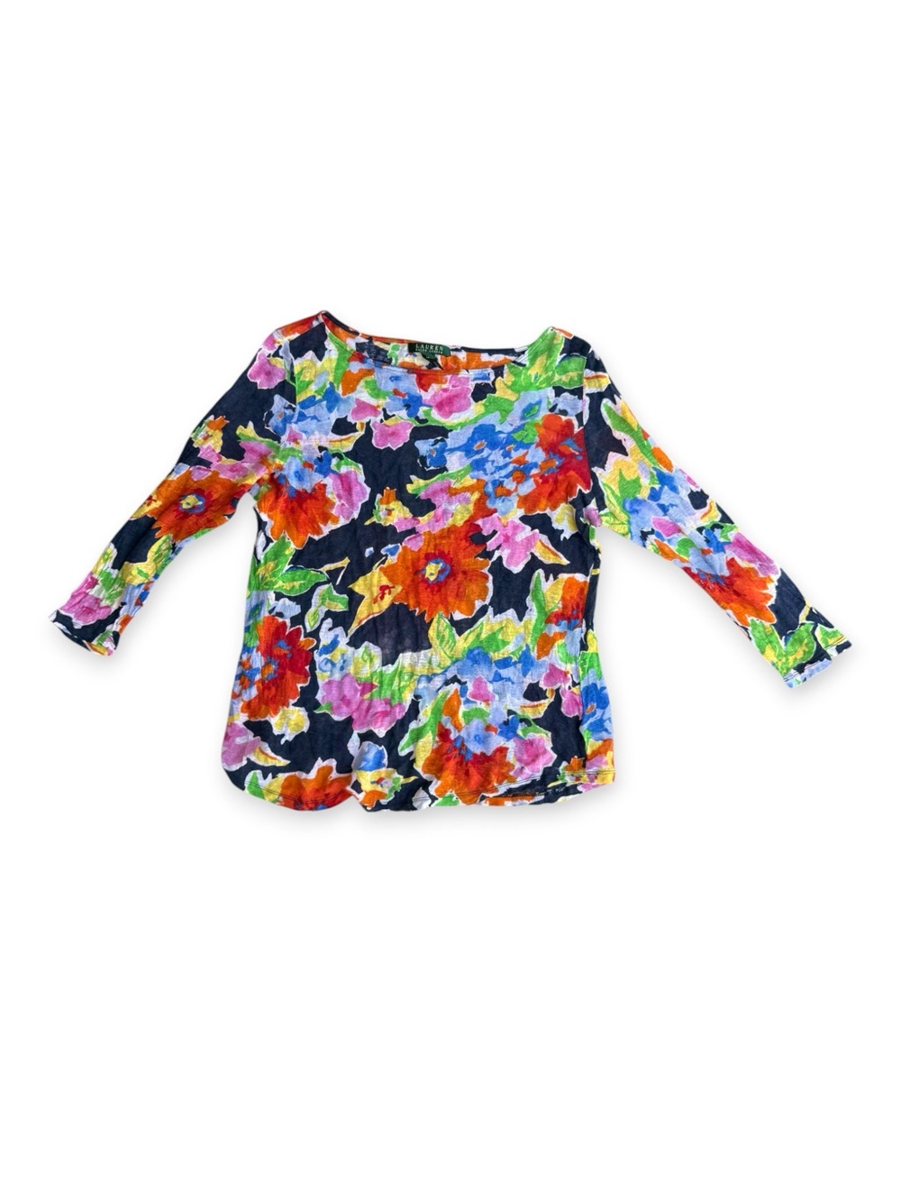 Ralph Lauren Women's Linen Floral Boat Neck Top - Multicolor 3/4 Sleeve - Size M